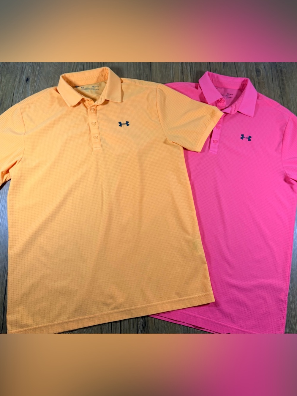Under Armour HeatGear Polo Shirts Mens Medium Lot of 2 Pink Orange Golf Loose